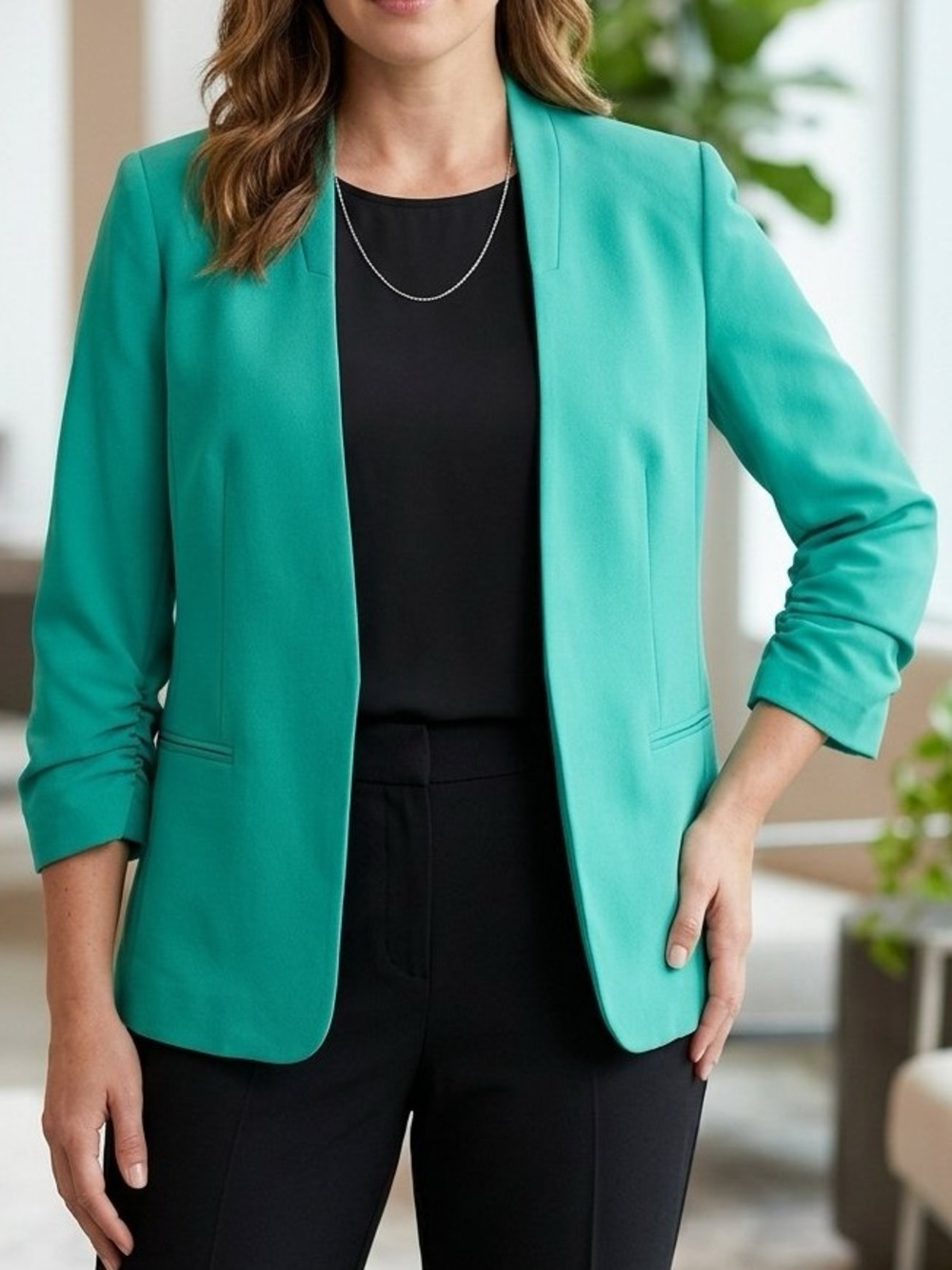 Kasper Women’s Green Open-Front Blazer Jacket
